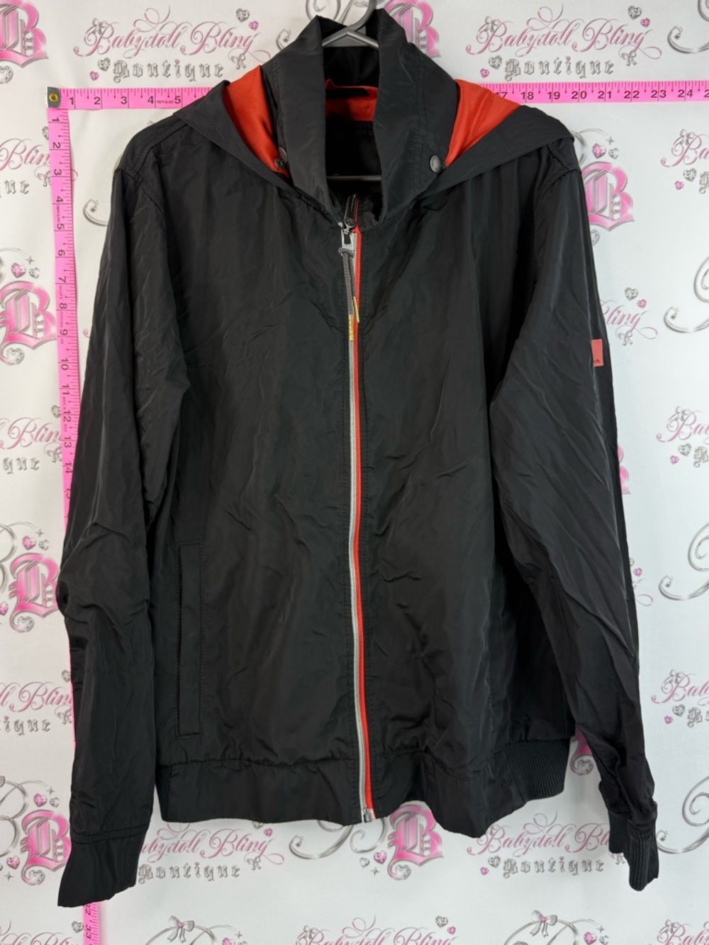Bench coat jacket red Black Hooded Jacket with Red Lining lightweight